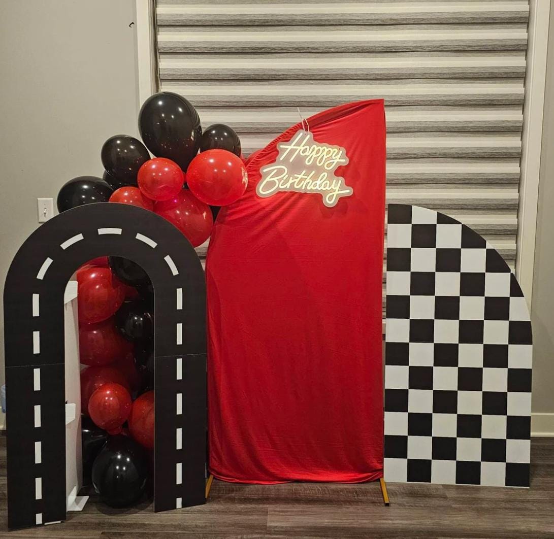 Road Arch backdrop with stands. two fast 2 curious Retro car, road backdrop, racing race event decoration Party Decor Rigid not fabric - EzCutoutz