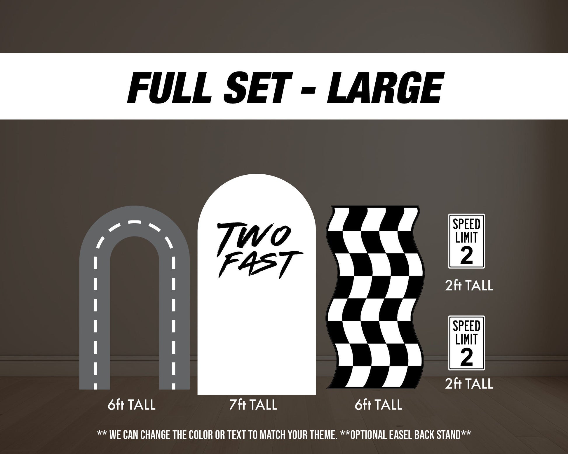 Two fast backdrop birthday with stands. 2 fast 2 curious Retro car, road backdrop, racing race event decoration Party Decor Rigid not fabric - EzCutoutz