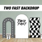 Two fast backdrop birthday with stands. 2 fast 2 curious Retro car, road backdrop, racing race event decoration Party Decor Rigid not fabric - EzCutoutz