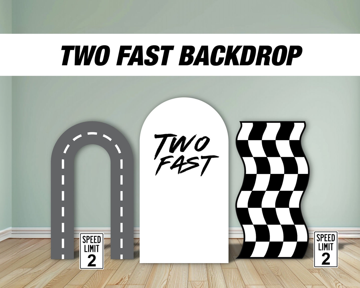 Two fast backdrop birthday with stands. 2 fast 2 curious Retro car, road backdrop, racing race event decoration Party Decor Rigid not fabric - EzCutoutz