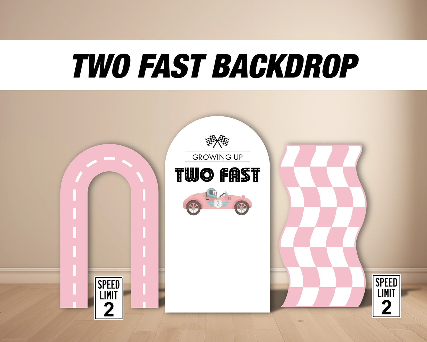 Two fast backdrop birthday with stands. 2 fast 2 curious Retro car, road backdrop, racing race event decoration Party Decor Rigid not fabric - EzCutoutz