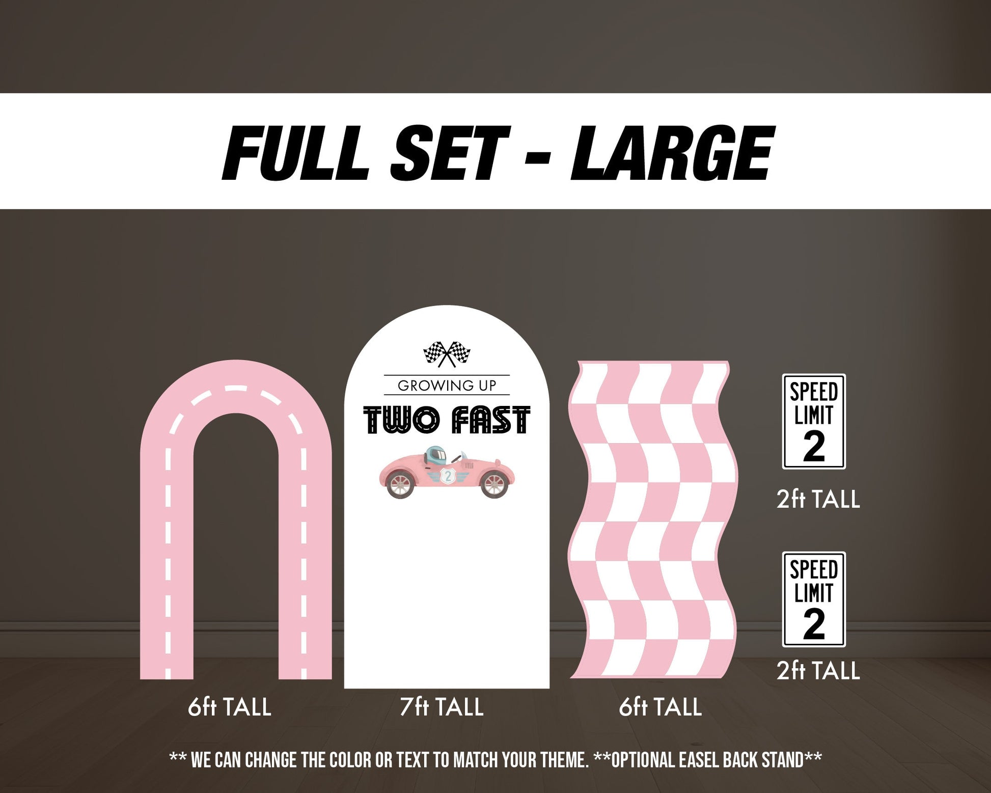 Two fast backdrop birthday with stands. 2 fast 2 curious Retro car, road backdrop, racing race event decoration Party Decor Rigid not fabric - EzCutoutz