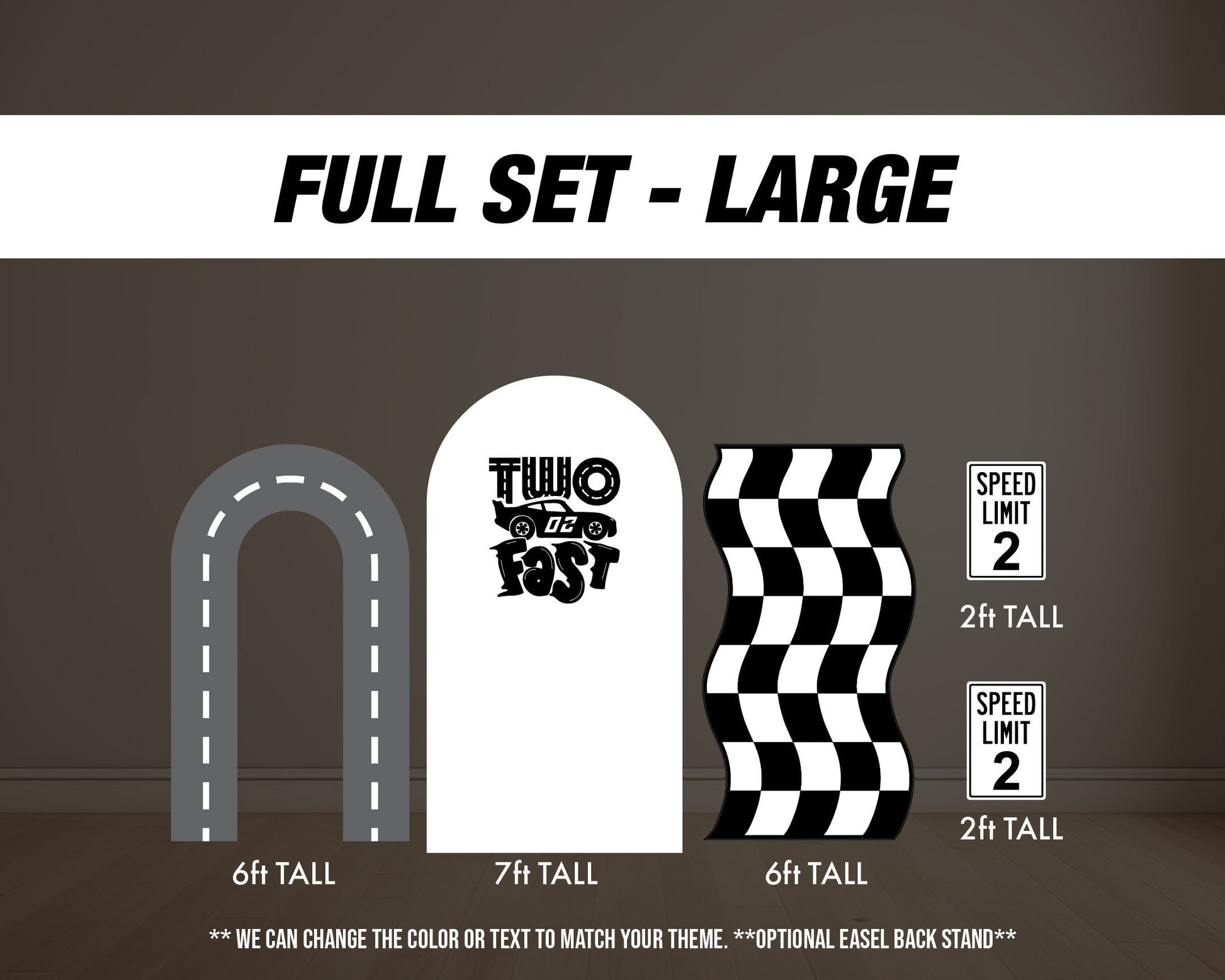 Two fast backdrop birthday with stands. 2 fast 2 curious Retro car, road backdrop, racing race event decoration Party Decor Rigid not fabric - EzCutoutz