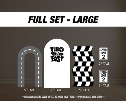 Two fast backdrop birthday with stands. 2 fast 2 curious Retro car, road backdrop, racing race event decoration Party Decor Rigid not fabric - EzCutoutz