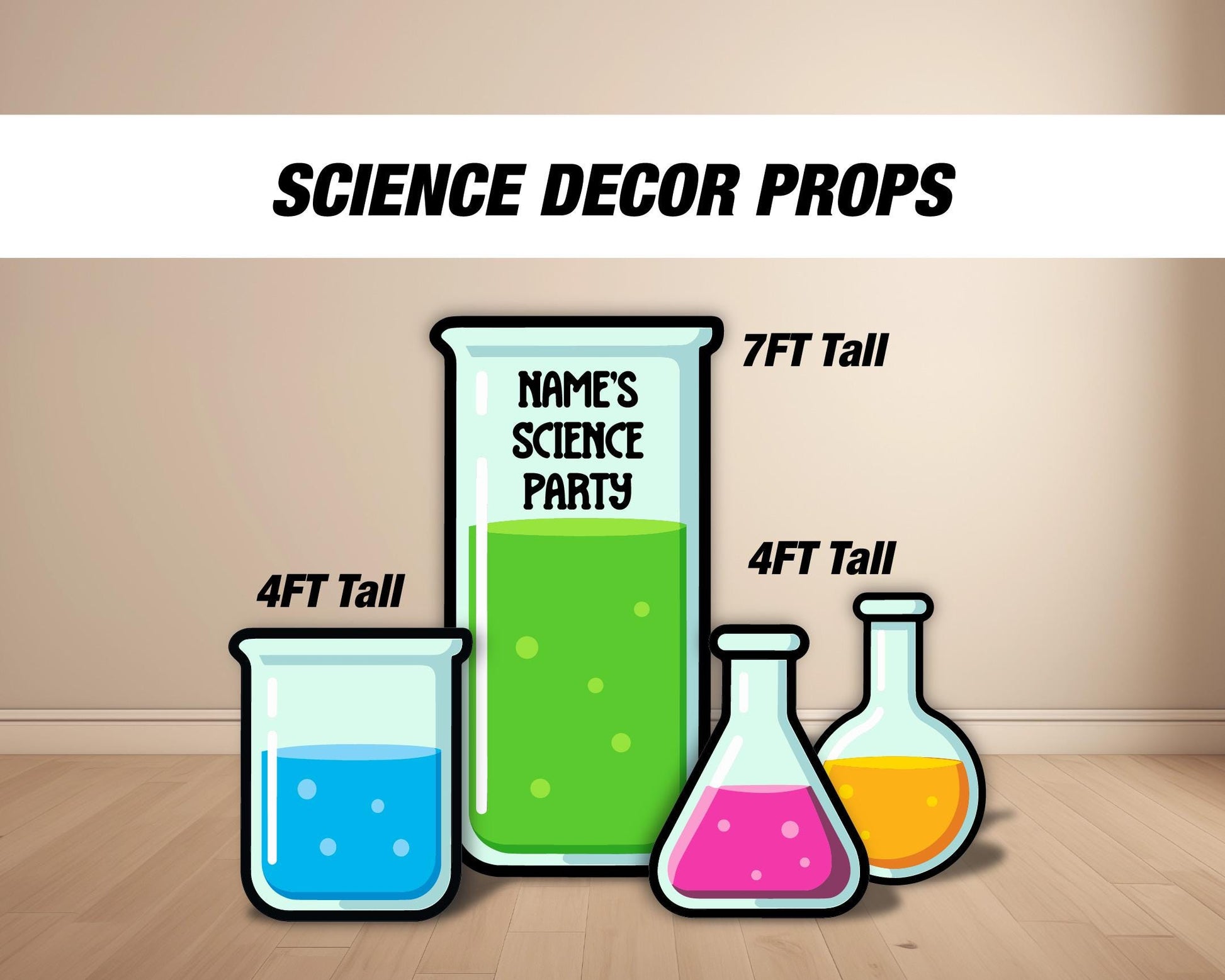 Science Lab party backdrop Props Mad Scientist Party decorations STEM party flask beaker props Panel Backdrop with stands cutout NOT fabric. - EzCutoutz