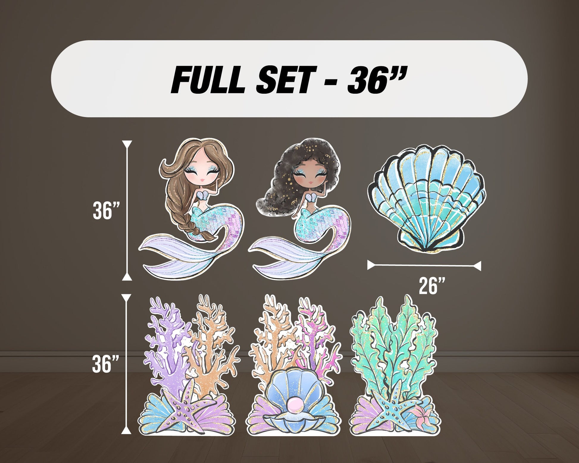 Mermaid Cutouts cute watercolor sea Cutouts centerpieces ocean animal standee, mermaid themed Party Decor, table toppers baby shower - EzCutoutz