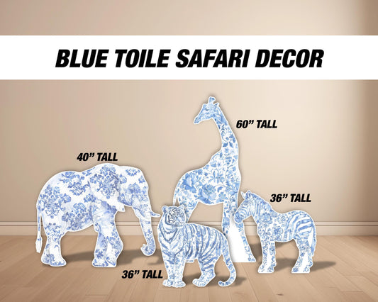Blue Safari toile animal cutouts, props, Toile De Jouy, blue Baby Safari Watercolor decor, animal cutout, babyshower birthday party backdrop - EzCutoutz