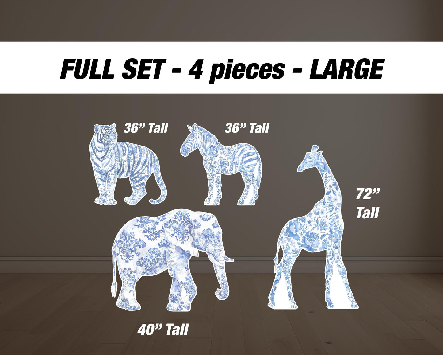 Blue Safari toile animal cutouts, props, Toile De Jouy, blue Baby Safari Watercolor decor, animal cutout, babyshower birthday party backdrop - EzCutoutz