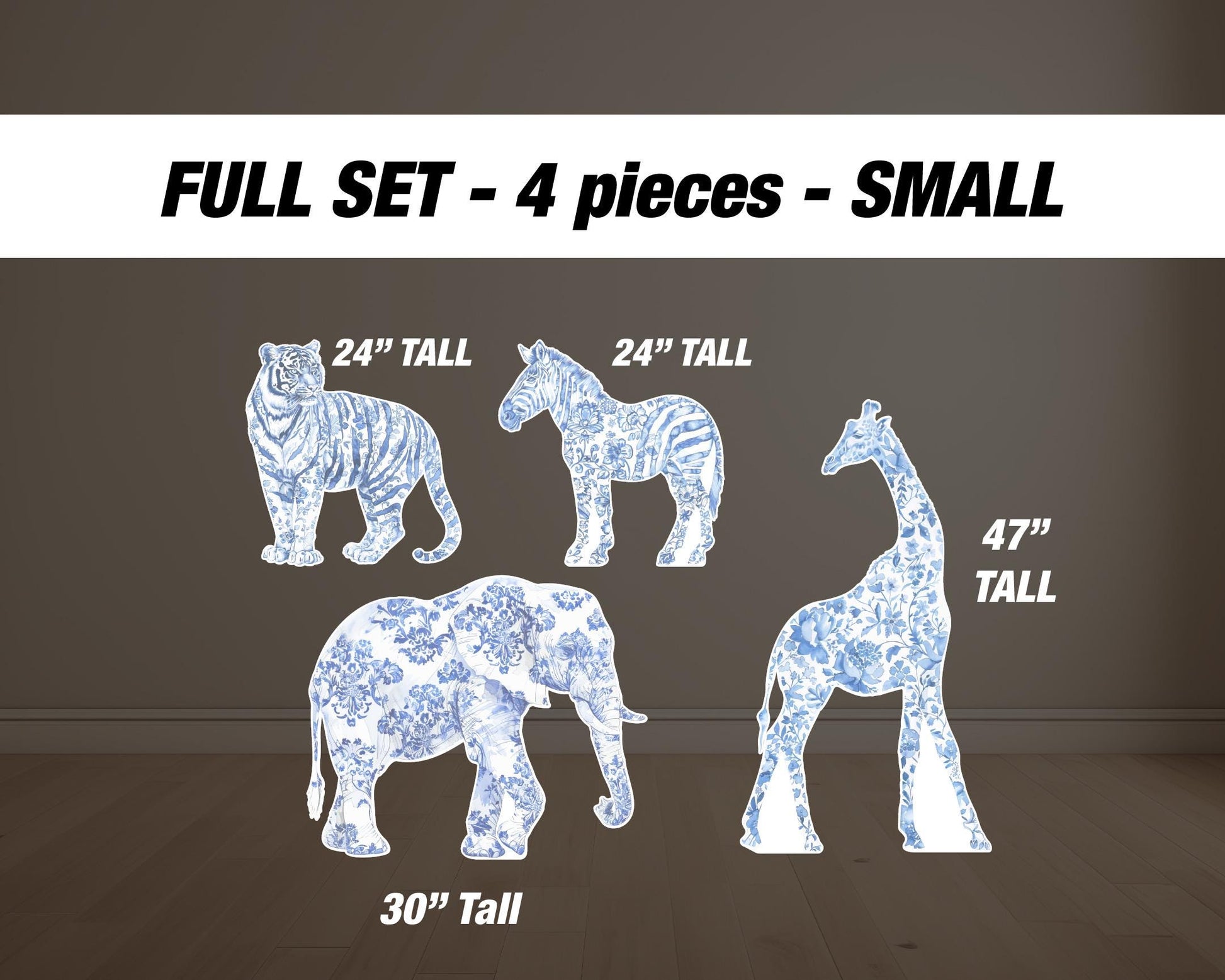Blue Safari toile animal cutouts, props, Toile De Jouy, blue Baby Safari Watercolor decor, animal cutout, babyshower birthday party backdrop - EzCutoutz