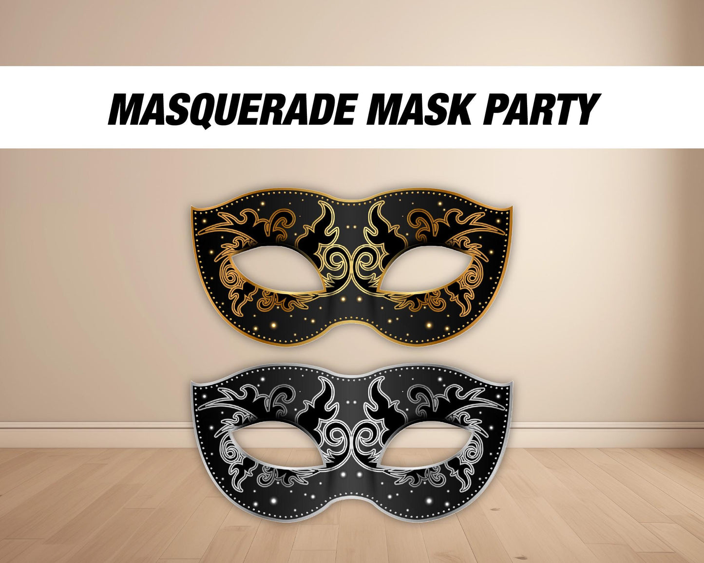 Masquerade gold silver, mask cutout, masquerade prop, Mardi Gras, mardi gras party celebration, cutouts, lawn signs, backdrop high res - EzCutoutz