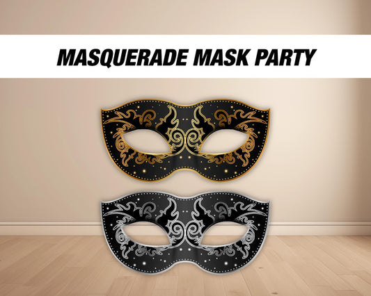 Masquerade gold silver, mask cutout, masquerade prop, Mardi Gras, mardi gras party celebration, cutouts, lawn signs, backdrop high res - EzCutoutz