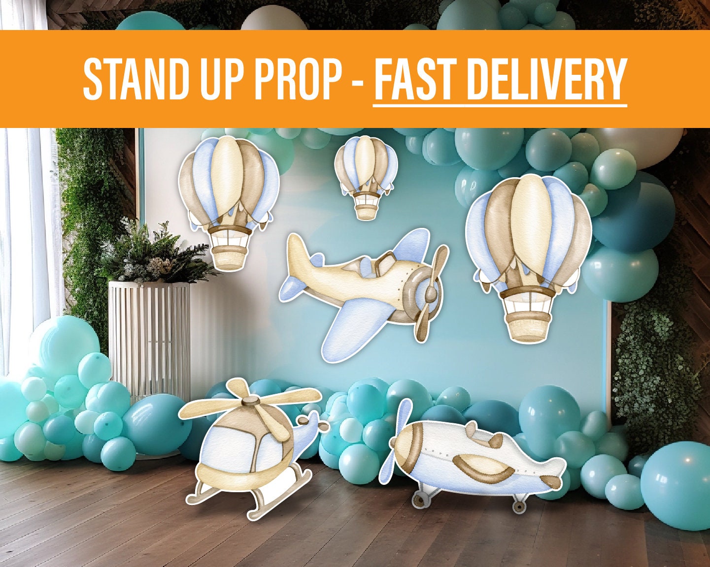 How Time Flies Birthday watercolor airplane cutout decorations babyshower airplane hotair balloon, lawn yard sign, backdrop centerpieces - EzCutoutz
