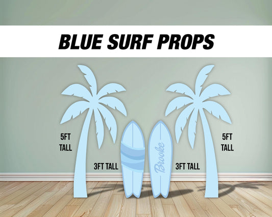 Blue palm tree Surfboard cutouts, tropical themed decorations, tropical party decor, party props, backdrop centerpieces, high res - EzCutoutz