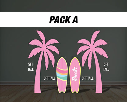 Pink palm tree Surfboard cutouts, tropical themed decorations, tropical party decor, party props, backdrop centerpieces, high res - EzCutoutz