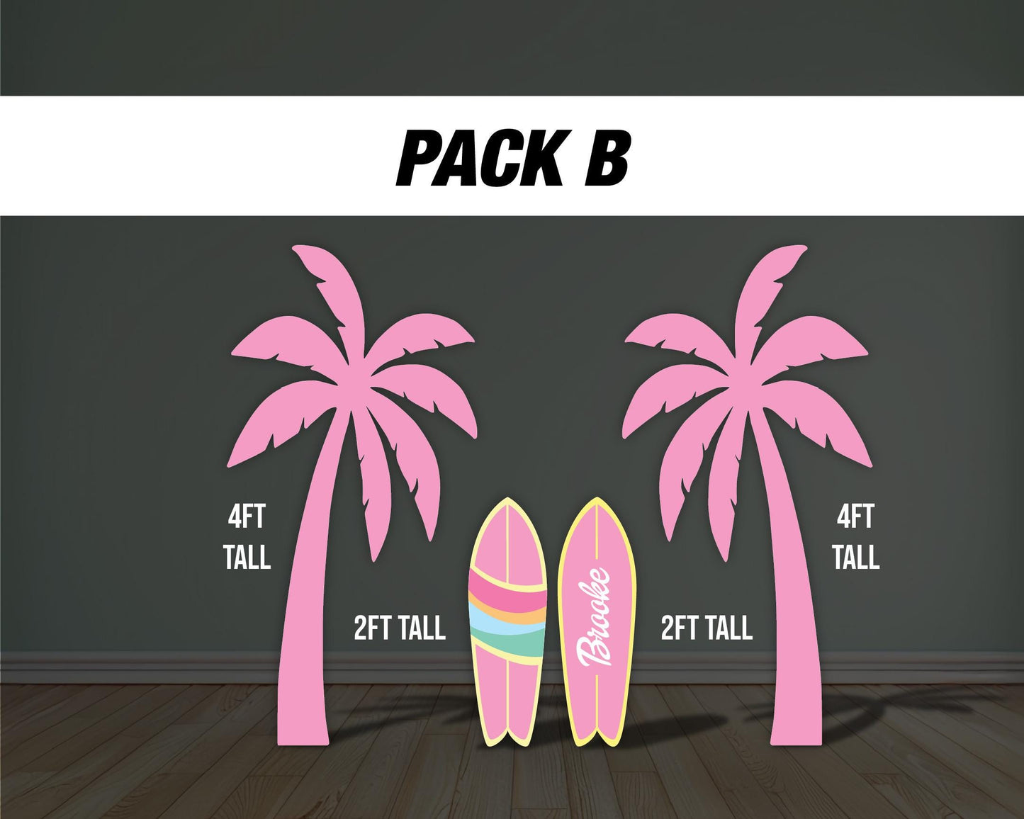 Pink palm tree Surfboard cutouts, tropical themed decorations, tropical party decor, party props, backdrop centerpieces, high res - EzCutoutz
