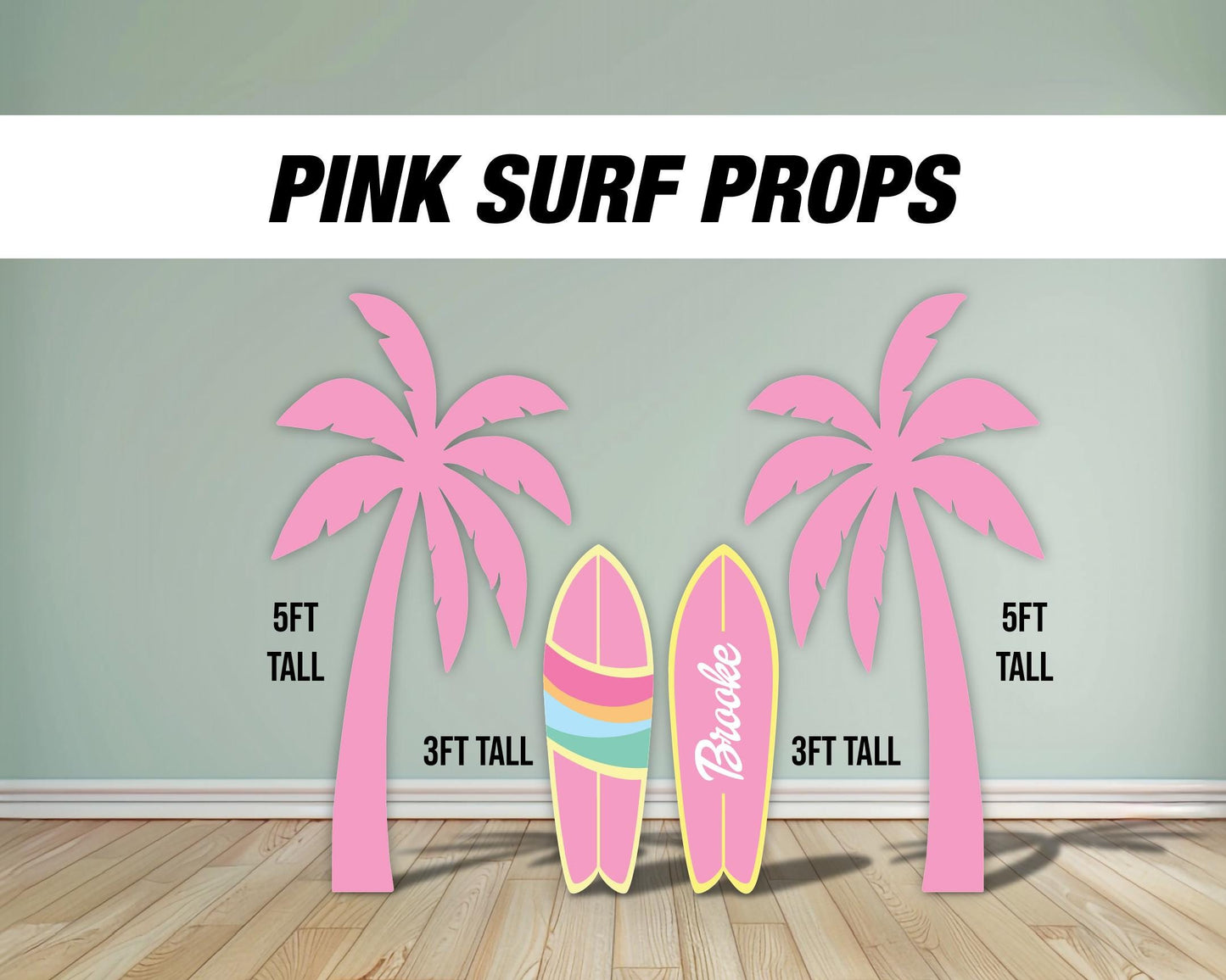 Pink palm tree Surfboard cutouts, tropical themed decorations, tropical party decor, party props, backdrop centerpieces, high res - EzCutoutz