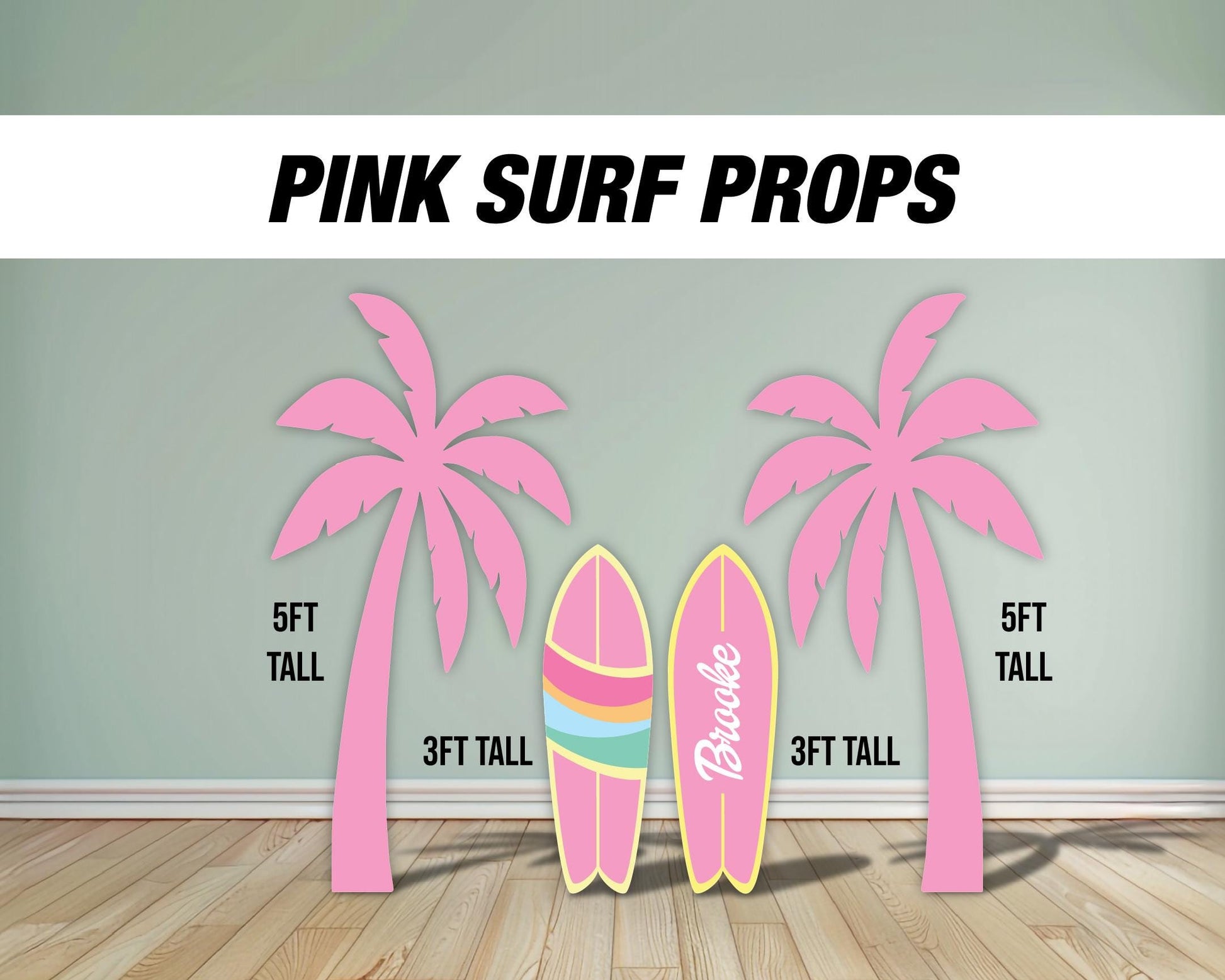 Pink palm tree Surfboard cutouts, tropical themed decorations, tropical party decor, party props, backdrop centerpieces, high res - EzCutoutz