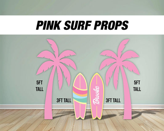 Pink palm tree Surfboard cutouts, tropical themed decorations, tropical party decor, party props, backdrop centerpieces, high res - EzCutoutz