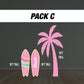 Pink palm tree Surfboard cutouts, tropical themed decorations, tropical party decor, party props, backdrop centerpieces, high res - EzCutoutz