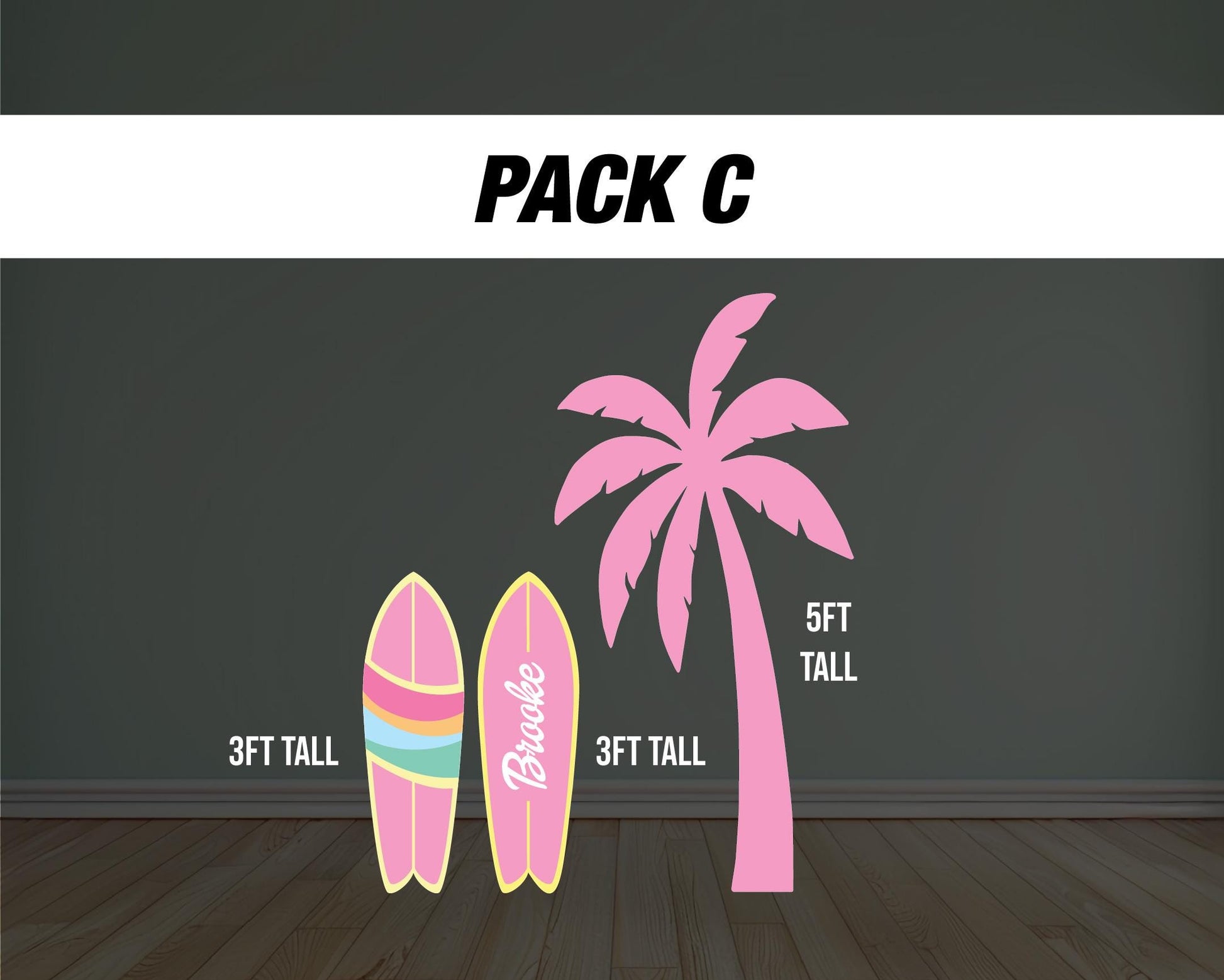 Pink palm tree Surfboard cutouts, tropical themed decorations, tropical party decor, party props, backdrop centerpieces, high res - EzCutoutz