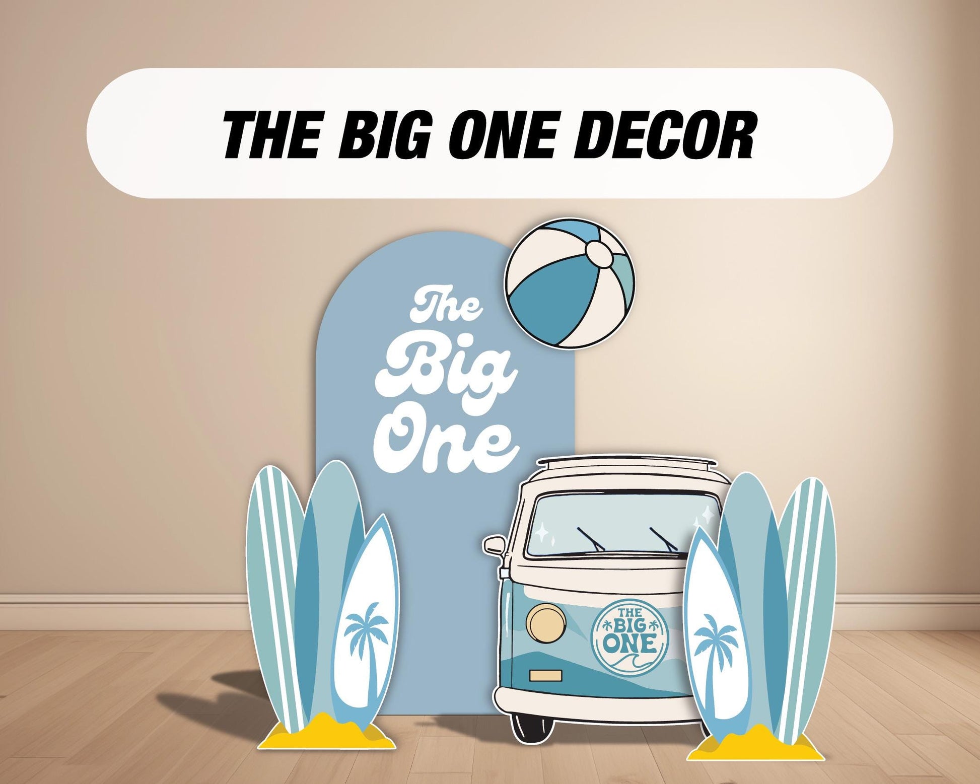 The BIG ONE Backdrop Props beach party Surf party themed Panel Backdrop with stands, Summer themed, big wave, groovy van, NOT fabric. - EzCutoutz