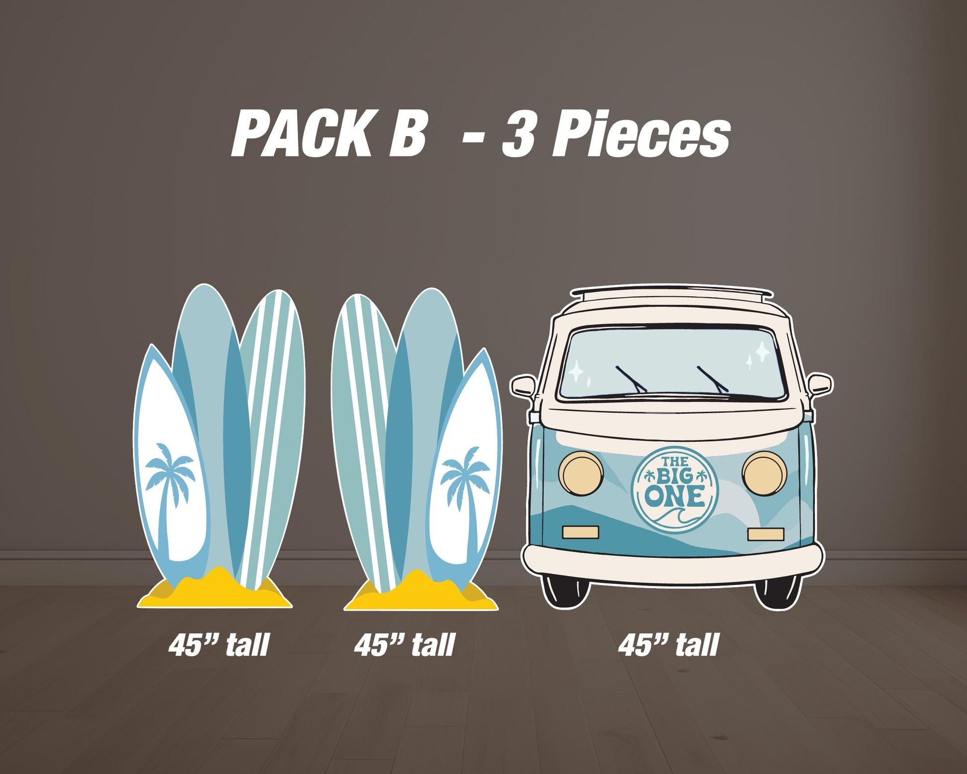 The BIG ONE Backdrop Props beach party Surf party themed Panel Backdrop with stands, Summer themed, big wave, groovy van, NOT fabric. - EzCutoutz