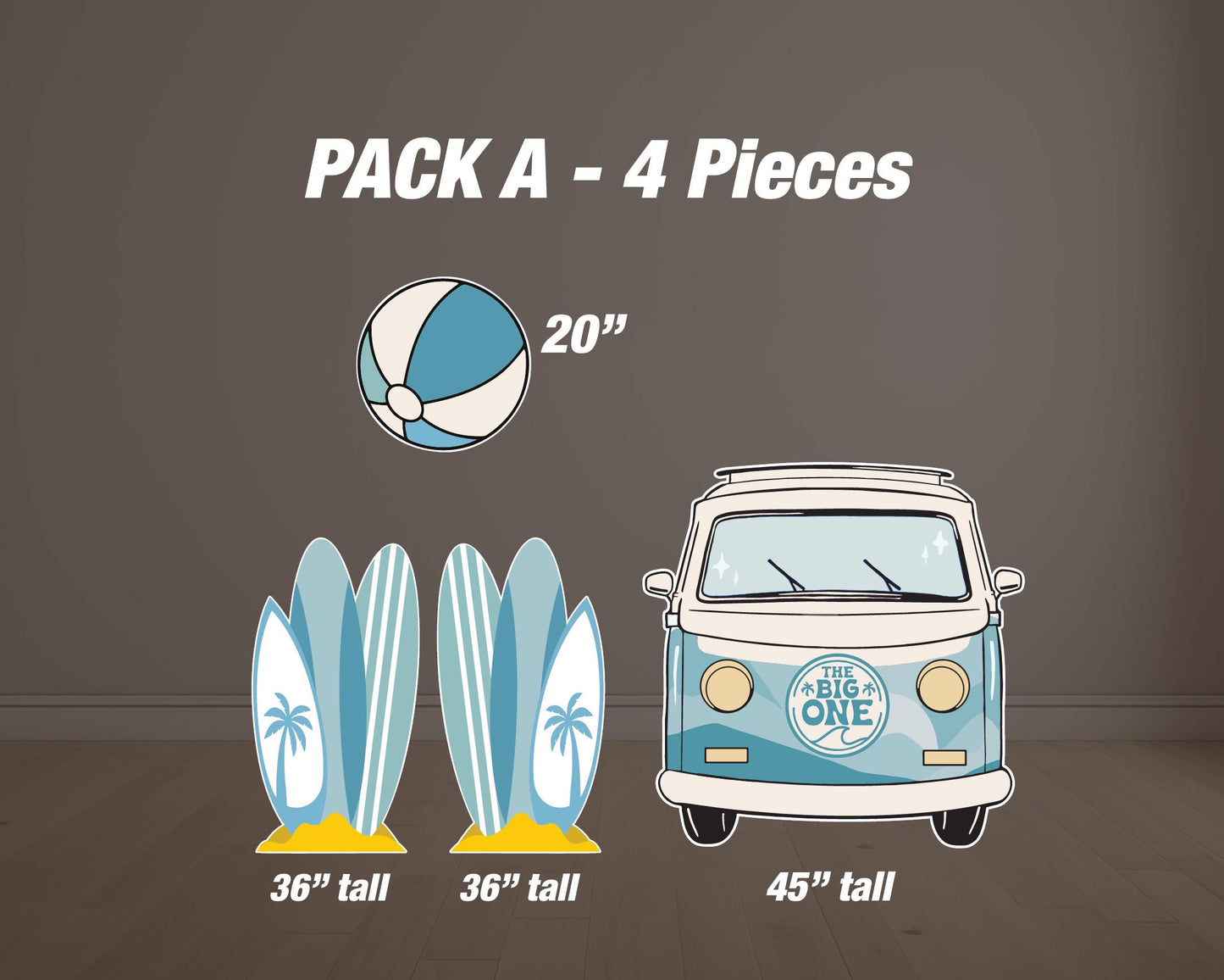 The BIG ONE Backdrop Props beach party Surf party themed Panel Backdrop with stands, Summer themed, big wave, groovy van, NOT fabric. - EzCutoutz