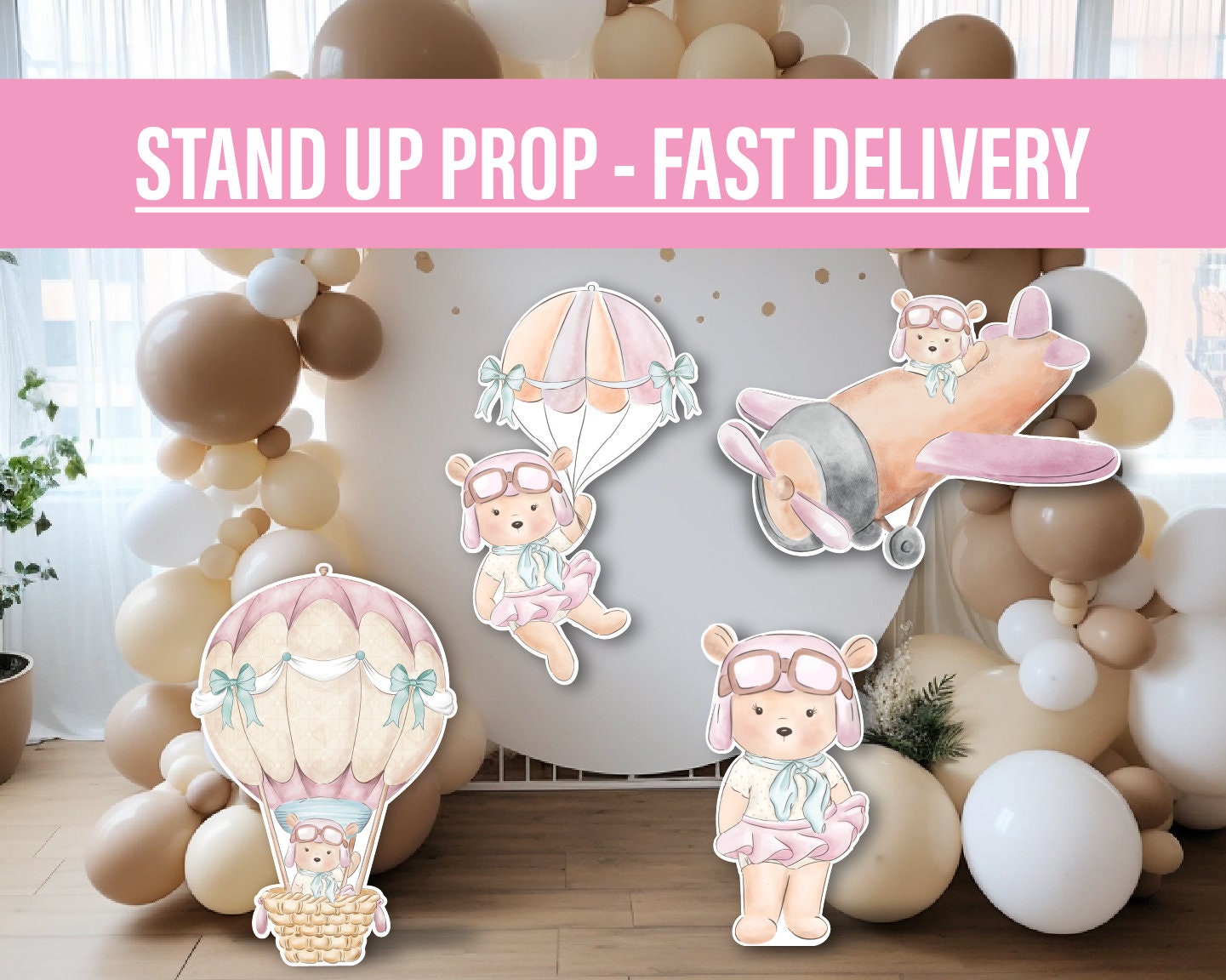 aviator bear Time Flies Decor Cute Bear Airplane parachute Cutout, party decoration, cutouts, lawn signs, yard signs, backdrop centerpieces - EzCutoutz