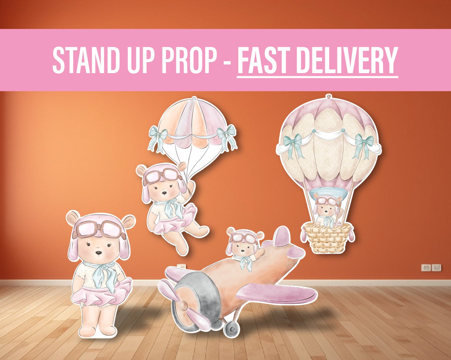 aviator bear Time Flies Decor Cute Bear Airplane parachute Cutout, party decoration, cutouts, lawn signs, yard signs, backdrop centerpieces - EzCutoutz
