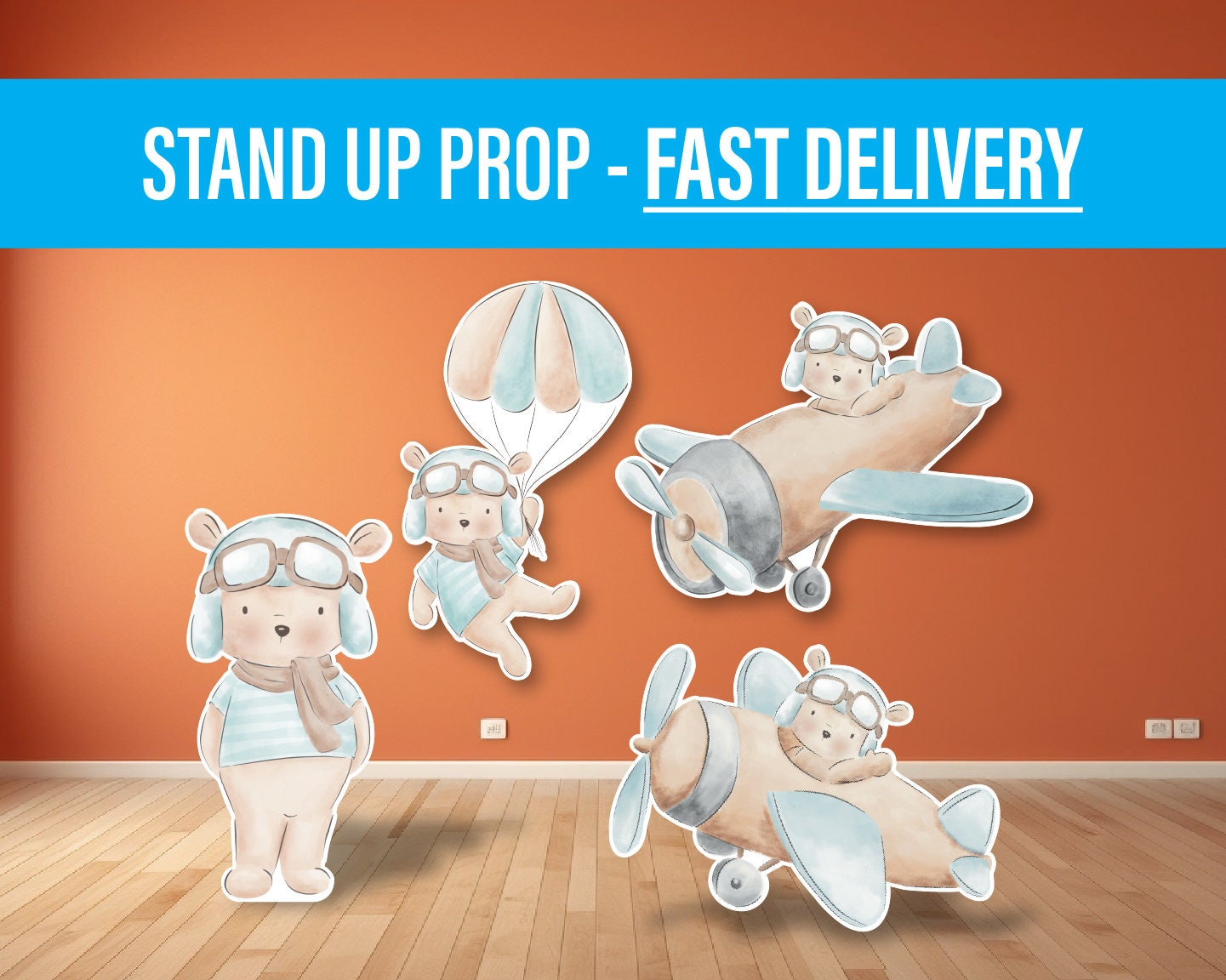 aviator bear Time Flies Decor Cute Bear Airplane parachute Cutout, party decoration, cutouts, lawn signs, yard signs, backdrop centerpieces - EzCutoutz
