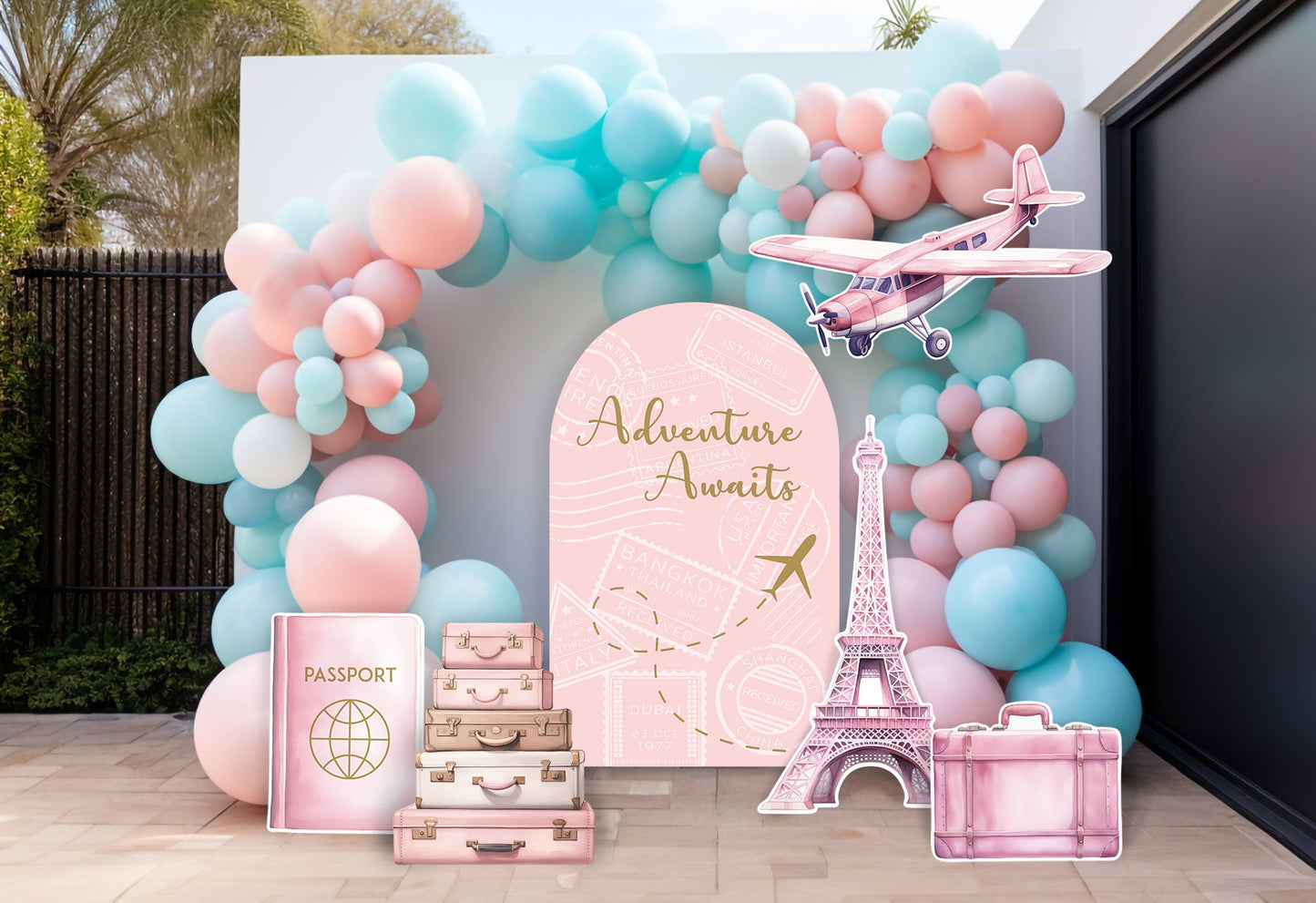 Travel Adventure Theme backdrop Birthday watercolor  airplane cutout decorations baby shower hot air balloon, backdrop, Rigid Boards - EzCutoutz