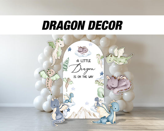 Dragon cutouts dragon themed baby shower backdrop, a little dragon is on the way cute watercolor dragons centerpieces standee birthday party - EzCutoutz