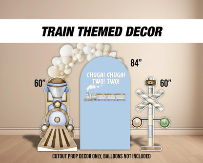 BIG Train backdrop two two themed birthday decorations, train cutouts, railroad crossing chuga chu chu Panel Backdrop with stands NOT fabric - EzCutoutz
