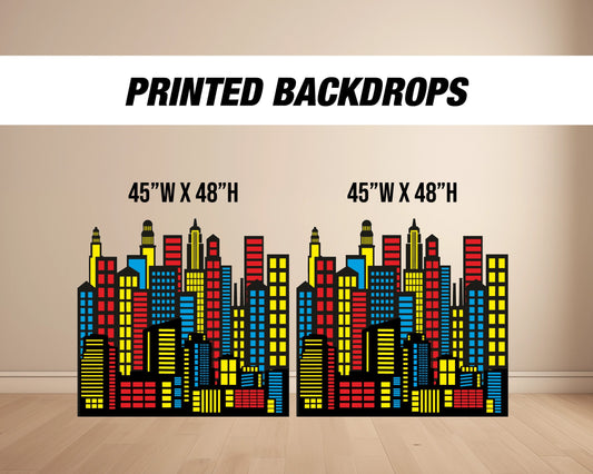 Super Hero City Backdrop with stands, NOT fabric. 4mm coroplast backdrop, party prop, super hero birthday party city landscape - EzCutoutz