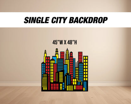 Super Hero City Backdrop with stands, NOT fabric. 4mm coroplast backdrop, party prop, super hero birthday party city landscape - EzCutoutz