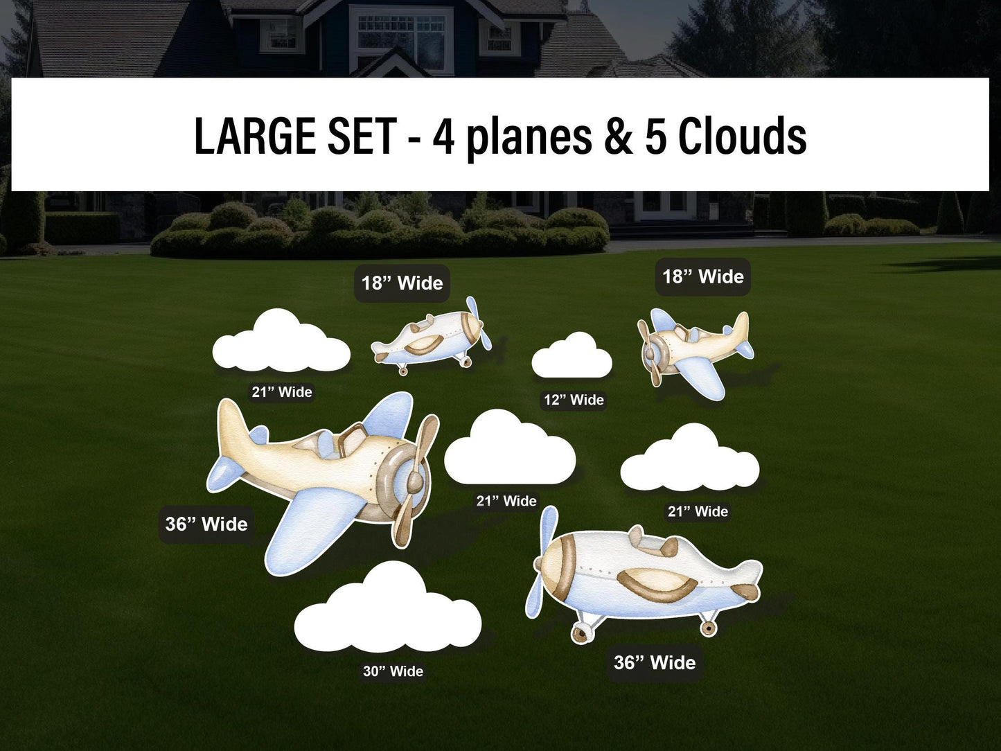 Airplane Clouds Cutouts How Time Flies Birthday watercolor decorations babyshower airplane hotair balloon, lawn yard sign, backdrop - EzCutoutz