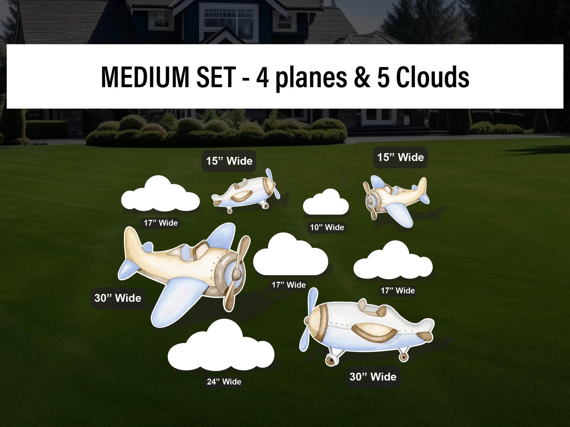 Airplane Clouds Cutouts How Time Flies Birthday watercolor decorations babyshower airplane hotair balloon, lawn yard sign, backdrop - EzCutoutz
