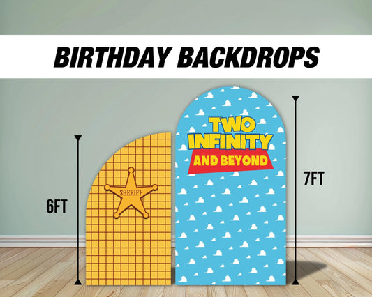 two infinity and beyond Toy backdrop birthday Arch, toy backdrop, sheriff, clouds, custom, Rigid board coroplast with stands NOT fabric - EzCutoutz