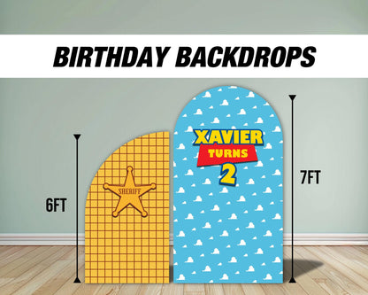 two infinity and beyond Toy backdrop birthday Arch, toy backdrop, sheriff, clouds, custom, Rigid board coroplast with stands NOT fabric - EzCutoutz