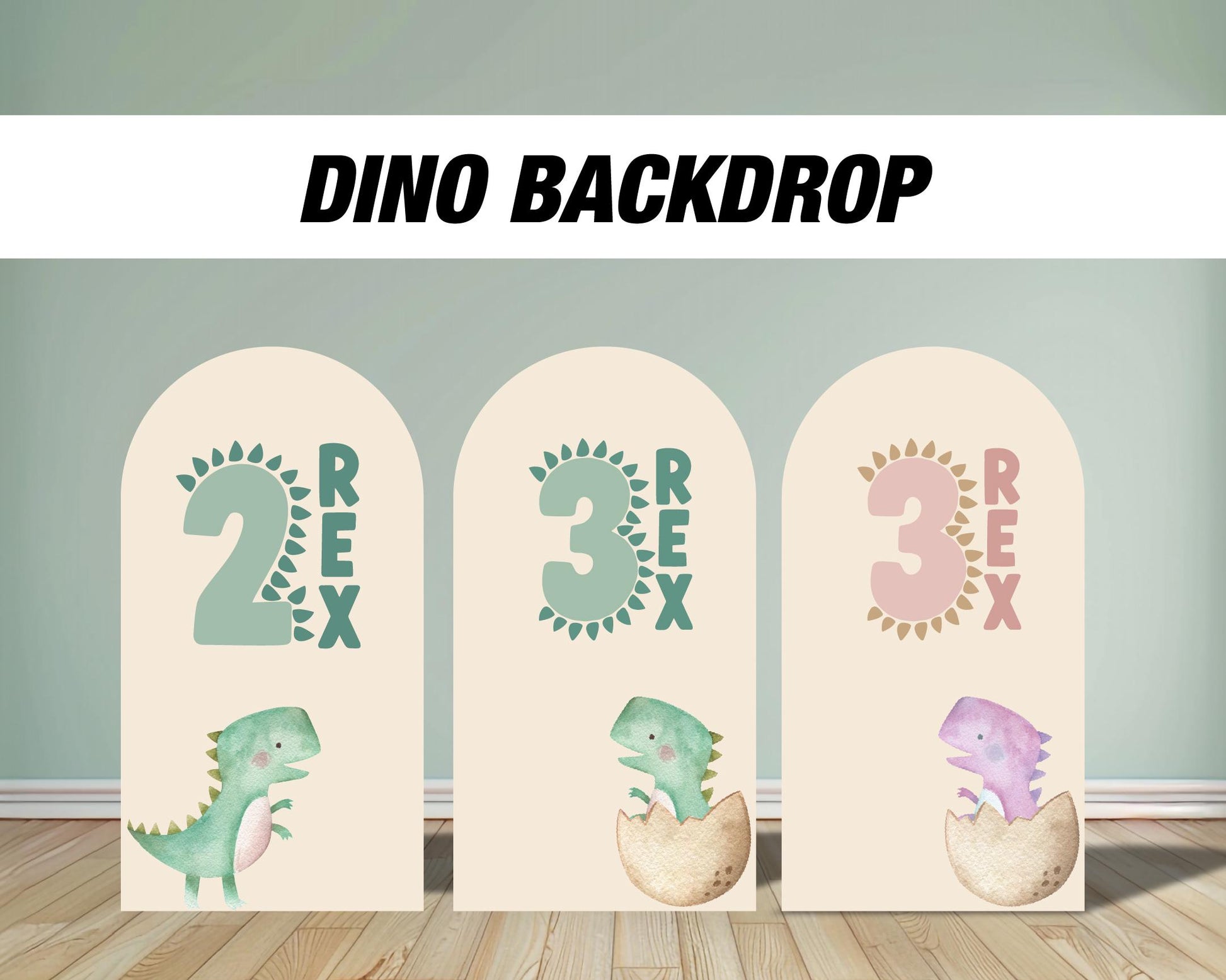 two rex backdrop dinosaur 2nd birthday 3rd birthday three rex arch dino birthday Arch Backdrop Rigid board coroplast with stands NOT fabric - EzCutoutz