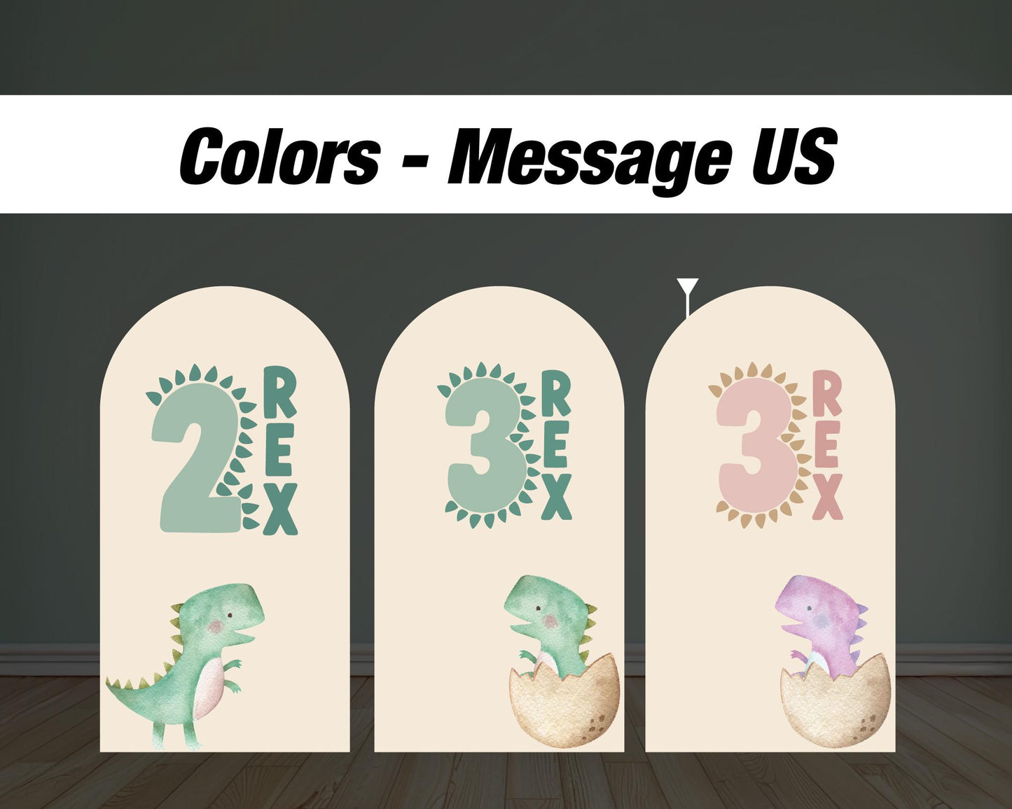 two rex backdrop dinosaur 2nd birthday 3rd birthday three rex arch dino birthday Arch Backdrop Rigid board coroplast with stands NOT fabric - EzCutoutz